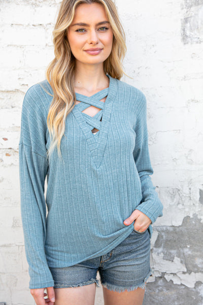 Sky Blue Rib Lace-Up V Neck Long Sleeve Pullover