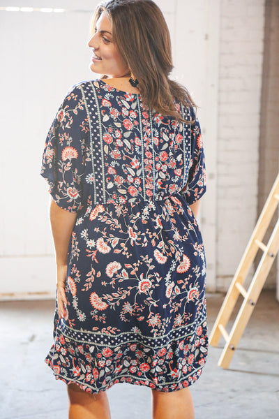 Navy Boho Paisely Dolman V Neck Pocketed Dress