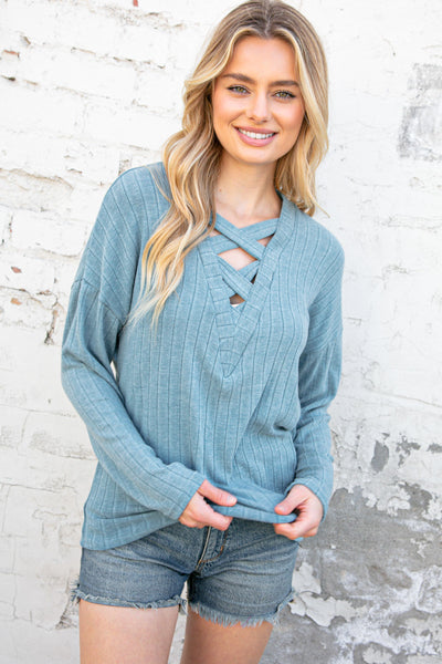 Sky Blue Rib Lace-Up V Neck Long Sleeve Pullover