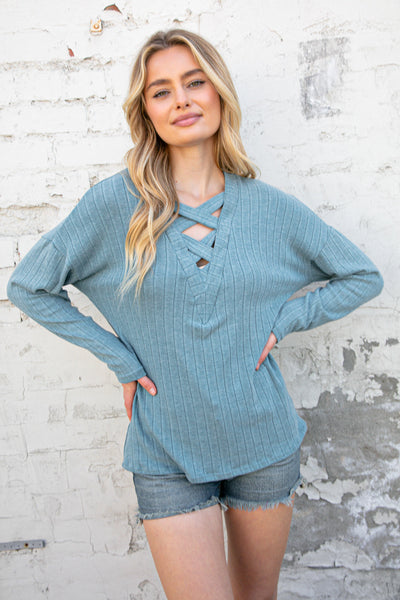 Sky Blue Rib Lace-Up V Neck Long Sleeve Pullover