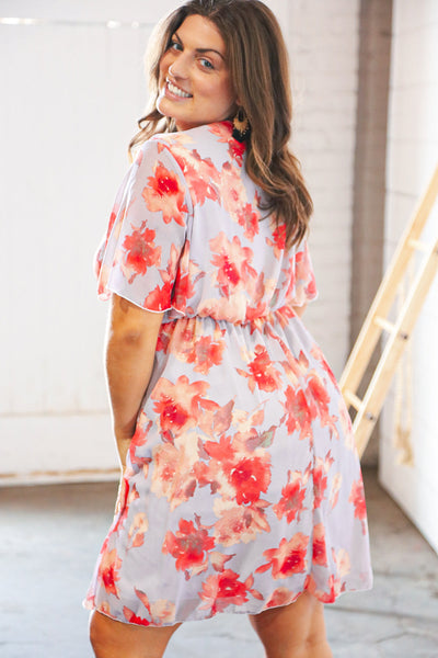 Lavendar Peach Floral Flutter Sleeve Lined Woven Dress