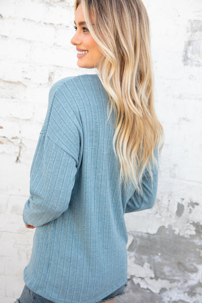 Sky Blue Rib Lace-Up V Neck Long Sleeve Pullover