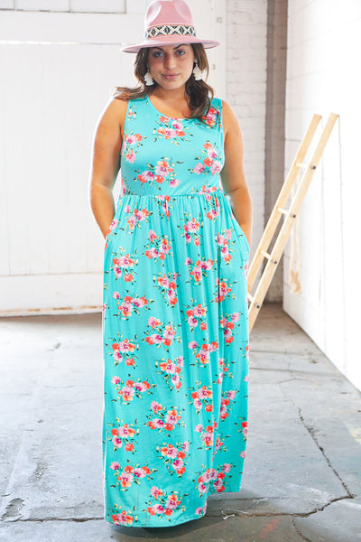 Teal & Fuchsia Floral Fit/Flare Sleeveless Maxi Dress