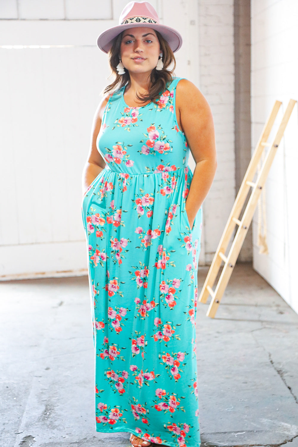 Teal & Fuchsia Floral Fit/Flare Sleeveless Maxi Dress