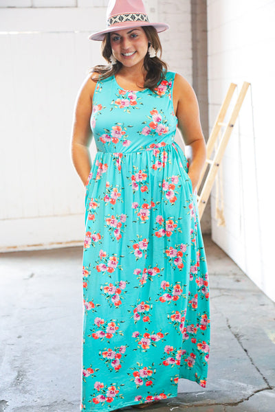 Teal & Fuchsia Floral Fit/Flare Sleeveless Maxi Dress