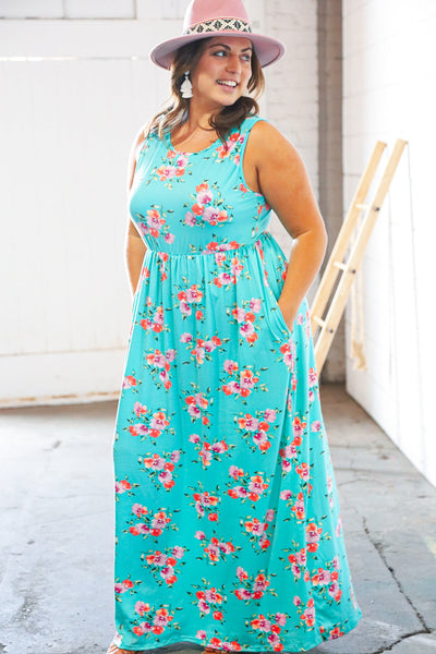 Teal & Fuchsia Floral Fit/Flare Sleeveless Maxi Dress