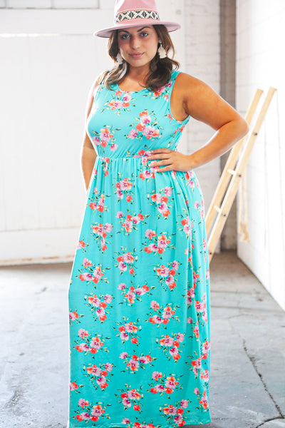 Teal & Fuchsia Floral Fit/Flare Sleeveless Maxi Dress