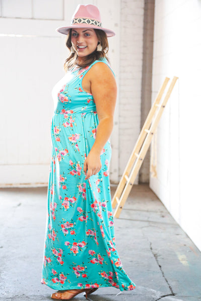 Teal & Fuchsia Floral Fit/Flare Sleeveless Maxi Dress