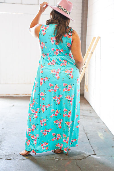 Teal & Fuchsia Floral Fit/Flare Sleeveless Maxi Dress