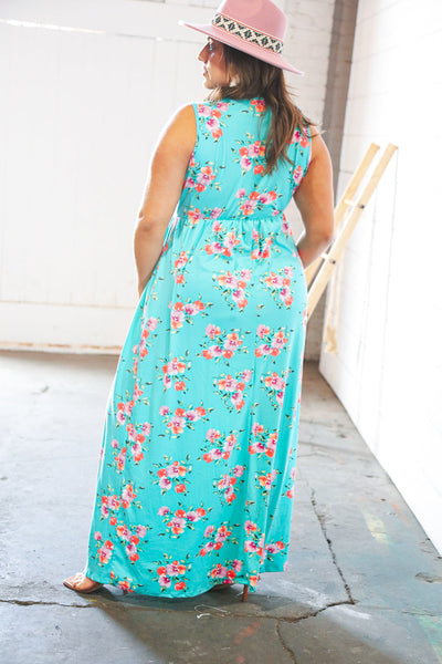 Teal & Fuchsia Floral Fit/Flare Sleeveless Maxi Dress