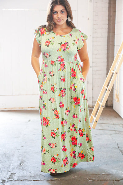 Pistachio Leopard Floral Fit & Flare Frill Sleeve Maxi Dress