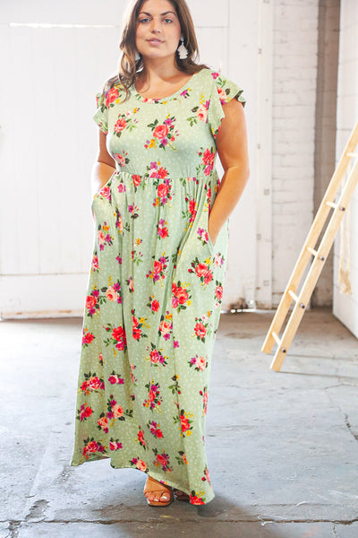 Pistachio Leopard Floral Fit & Flare Frill Sleeve Maxi Dress