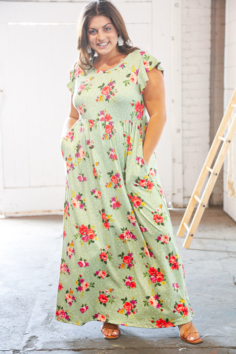 Pistachio Leopard Floral Fit & Flare Frill Sleeve Maxi Dress