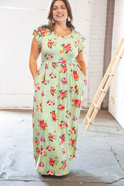 Pistachio Leopard Floral Fit & Flare Frill Sleeve Maxi Dress