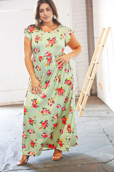 Pistachio Leopard Floral Fit & Flare Frill Sleeve Maxi Dress