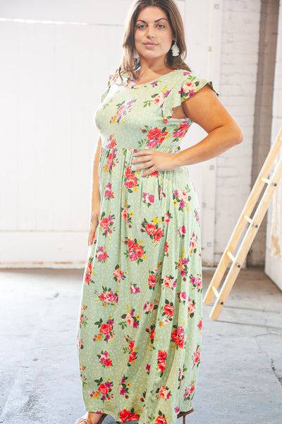 Pistachio Leopard Floral Fit & Flare Frill Sleeve Maxi Dress