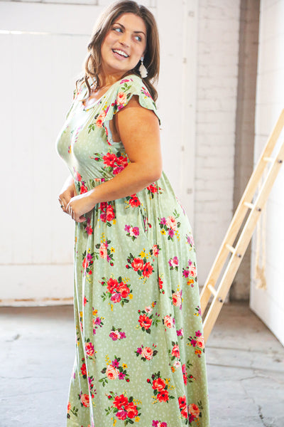 Pistachio Leopard Floral Fit & Flare Frill Sleeve Maxi Dress