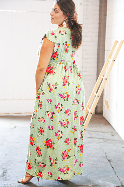 Pistachio Leopard Floral Fit & Flare Frill Sleeve Maxi Dress