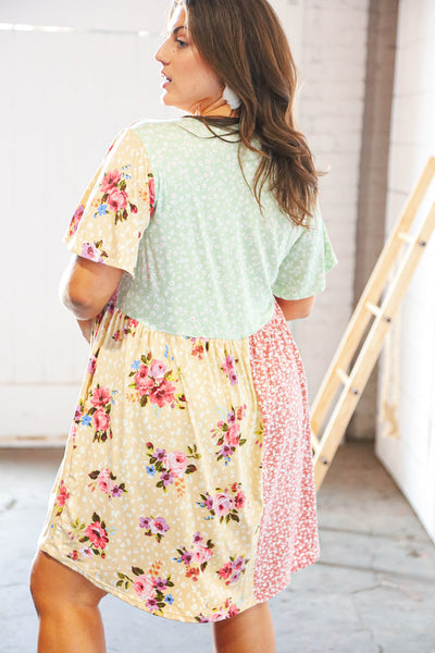 Mint Floral Color Block V Neck Babydoll Dress with Pockets