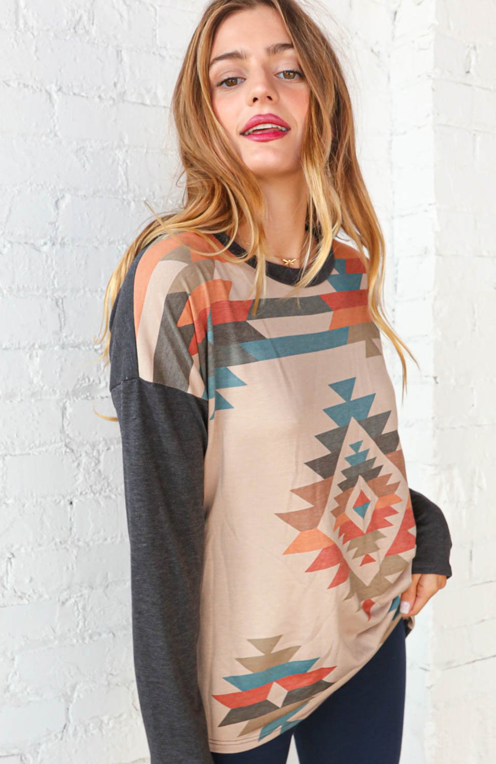 French Terry Aztec Print Color Block Top