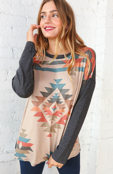 French Terry Aztec Print Color Block Top