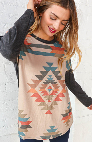 French Terry Aztec Print Color Block Top