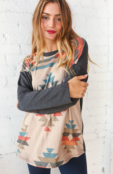 French Terry Aztec Print Color Block Top