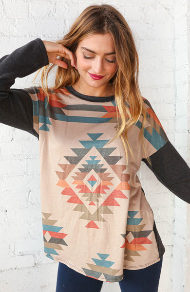 French Terry Aztec Print Color Block Top