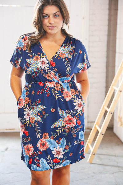 Navy Tropical Floral Print Surplice Elastic Waist Dress