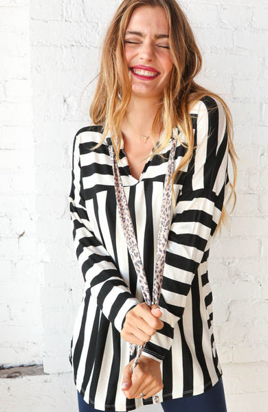 Black & White Stripe Leopard Drawstring Hoodie