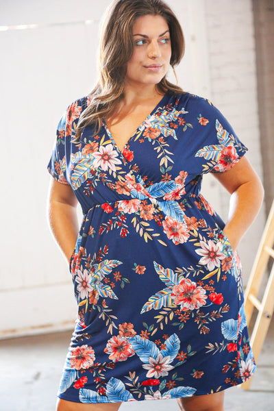 Navy Tropical Floral Print Surplice Elastic Waist Dress