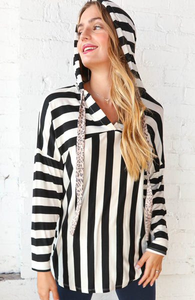 Black & White Stripe Leopard Drawstring Hoodie