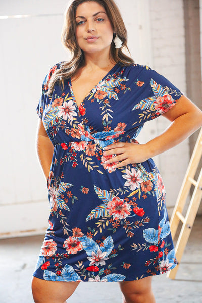 Navy Tropical Floral Print Surplice Elastic Waist Dress