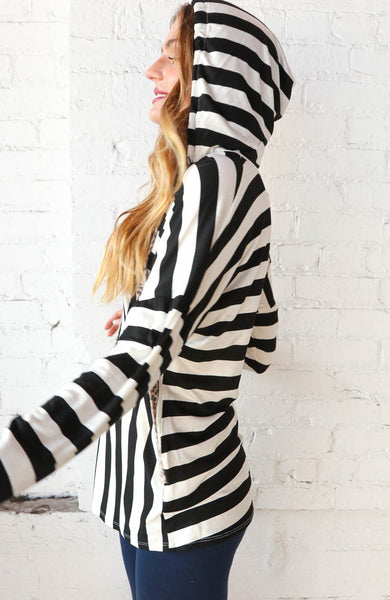 Black & White Stripe Leopard Drawstring Hoodie