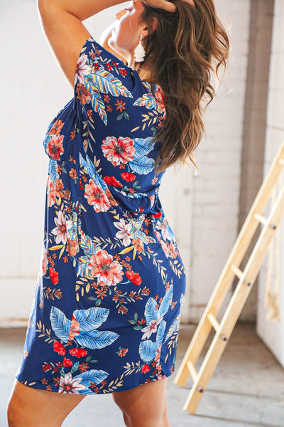 Navy Tropical Floral Print Surplice Elastic Waist Dress