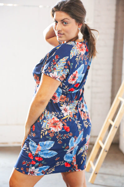 Navy Tropical Floral Print Surplice Elastic Waist Dress