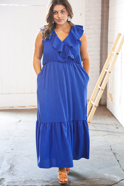 Blue Crepe Ruffle V Neck Flutter Sleeve Back Tie Maxi