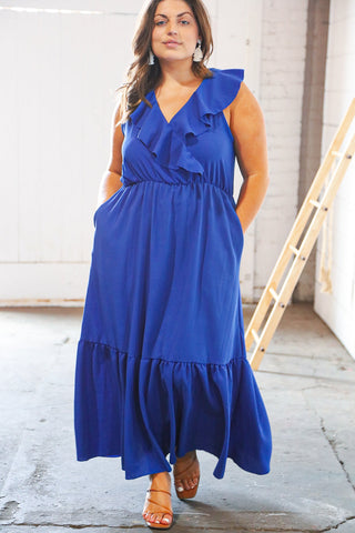 Blue Crepe Ruffle V Neck Flutter Sleeve Back Tie Maxi