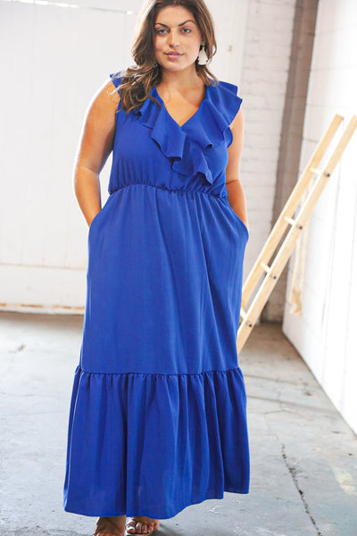 Blue Crepe Ruffle V Neck Flutter Sleeve Back Tie Maxi