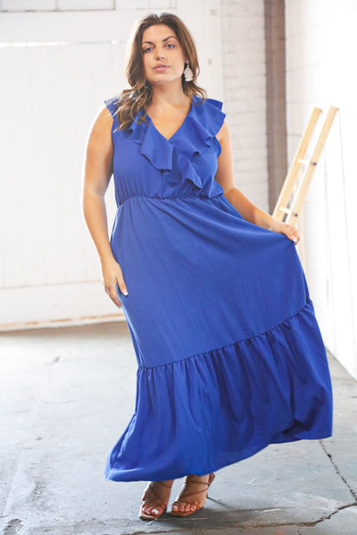 Blue Crepe Ruffle V Neck Flutter Sleeve Back Tie Maxi