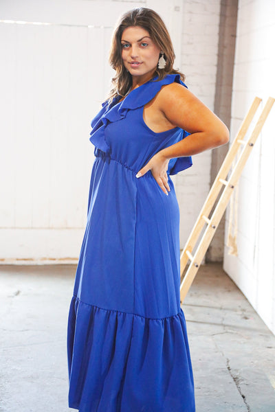 Blue Crepe Ruffle V Neck Flutter Sleeve Back Tie Maxi