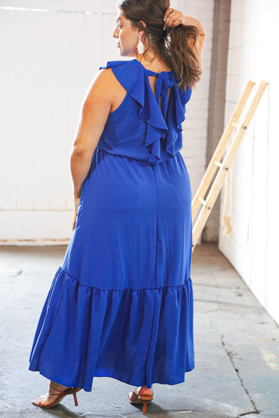 Blue Crepe Ruffle V Neck Flutter Sleeve Back Tie Maxi