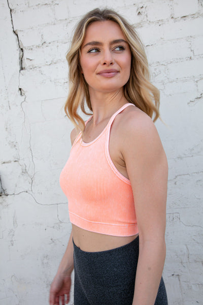 Neon Coral Washed Rib Seamless Cropped Cami Top