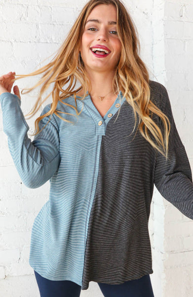 Blue & Grey Half and Half Slub Rib Button Top