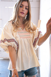 Oatmeal Crepe Embroidered Smock Babydoll Top