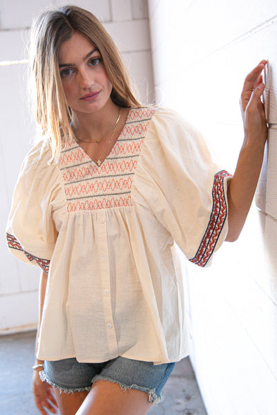 Oatmeal Crepe Embroidered Smock Babydoll Top