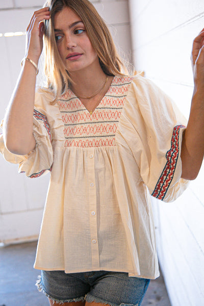 Oatmeal Crepe Embroidered Smock Babydoll Top