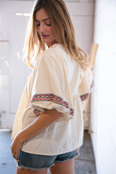 Oatmeal Crepe Embroidered Smock Babydoll Top