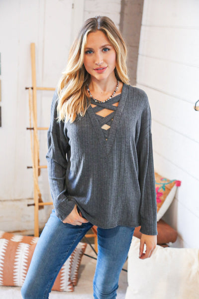 Grey Rib Lace-Up V Neck Long Sleeve Pullover