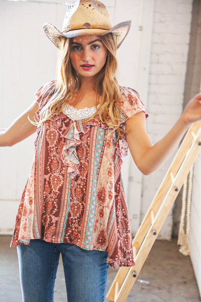 Cinnamon Teal Boho V Neck Ruffle Short Sleeve Top